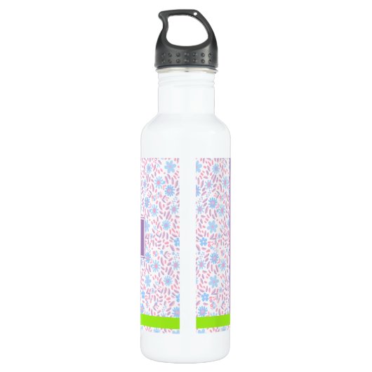 Gepersonaliseerde Paarse Bloemnaam & Monogram Waterfles (Achterkant)