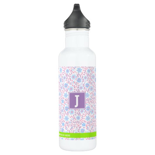 Gepersonaliseerde Paarse Bloemnaam & Monogram Waterfles (Rechts)
