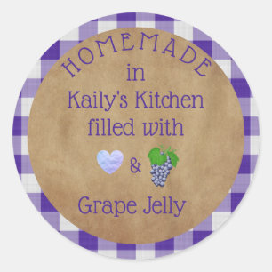 Gepersonaliseerde Paarse druivenjam Gingham Ronde Sticker