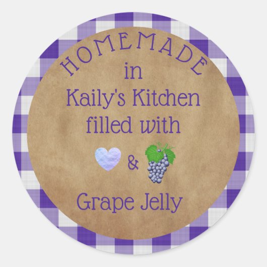 Gepersonaliseerde Paarse druivenjam Gingham Ronde Sticker (Voorkant)
