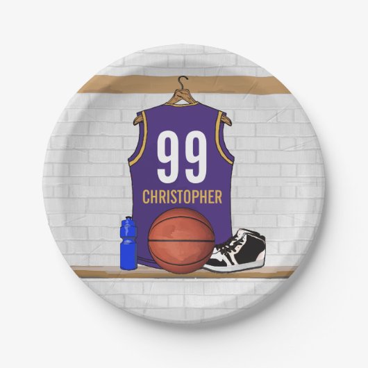 Gepersonaliseerde Paarse en gouden Basketball Jers Papieren Bordje (Voorkant)