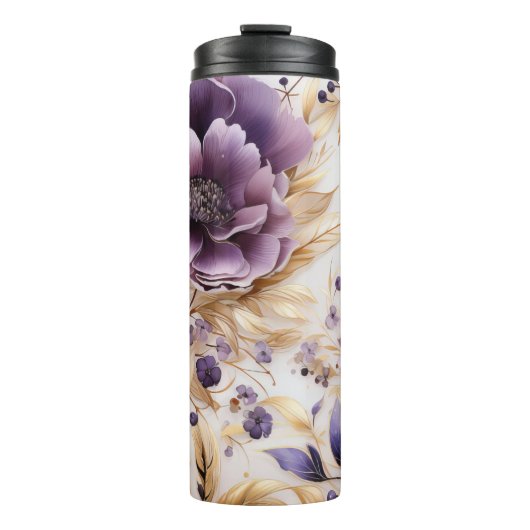 Gepersonaliseerde Paarse en gouden bloemen Thermosbeker (Voorkant)