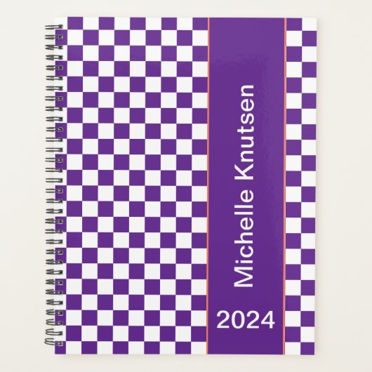 Gepersonaliseerde paarse en witte Geruite 2024 Planner (Voorkant)