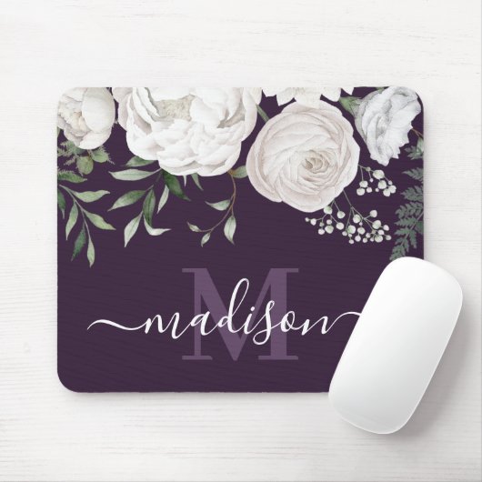 Gepersonaliseerde Paarse Floral Name Monogram Muismat (Met muis)