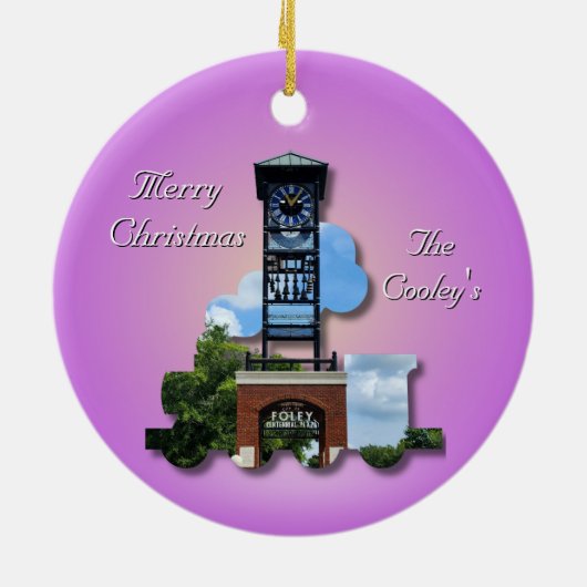 Gepersonaliseerde (Paarse) Foley Clock Tower & Tra Keramisch Ornament (Achterkant)