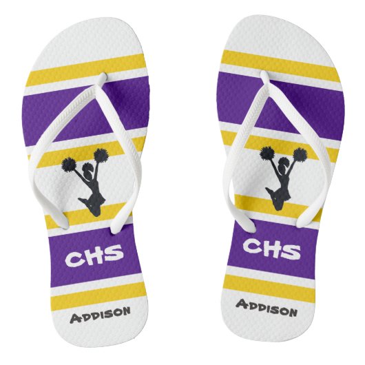 Gepersonaliseerde Paarse & gele Cheer Teenslippers (Voetbed)