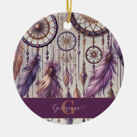 Gepersonaliseerde Paarse & Gouden Boho Dreamcatche Keramisch Ornament (Voorkant)
