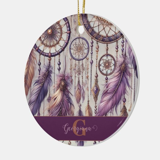 Gepersonaliseerde Paarse & Gouden Boho Dreamcatche Keramisch Ornament (Links)