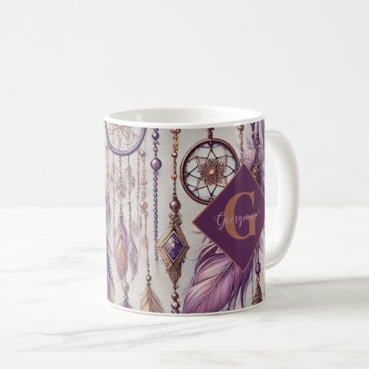 Gepersonaliseerde Paarse & Gouden Boho Dreamcatche Koffiemok (Voorkant rechts)
