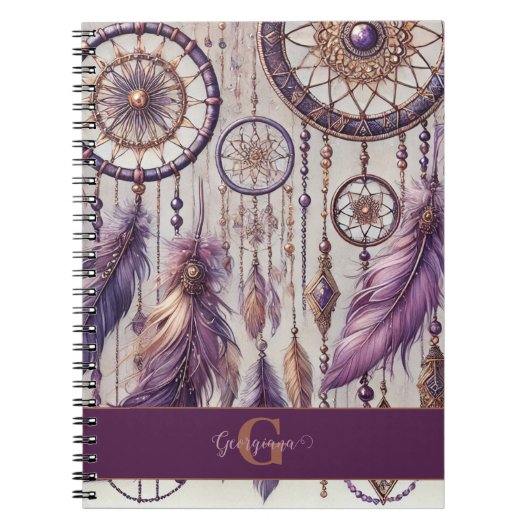 Gepersonaliseerde Paarse & Gouden Boho Dreamcatche Notitieboek (Voorkant)