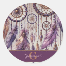 Gepersonaliseerde Paarse & Gouden Boho Dreamcatche Ronde Sticker