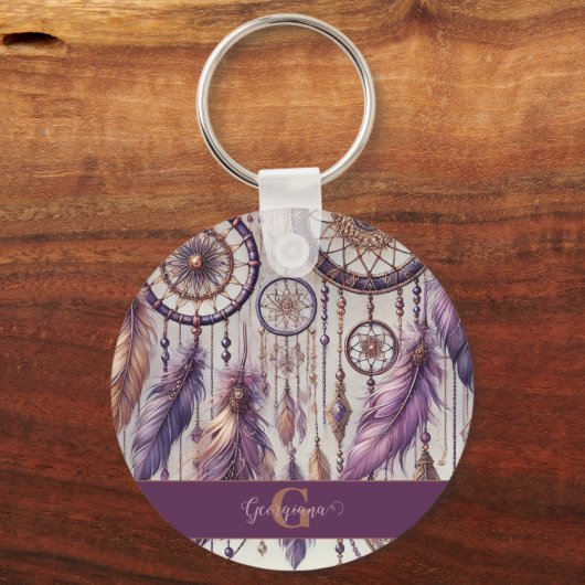 Gepersonaliseerde Paarse & Gouden Boho Dreamcatche Sleutelhanger (Achterkant)