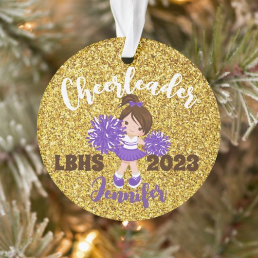 Gepersonaliseerde Paarse & gouden Cheerleading Orn Ornament (Boom)