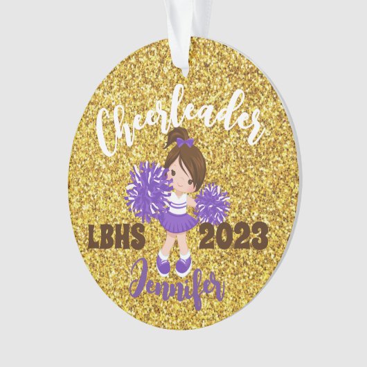 Gepersonaliseerde Paarse & gouden Cheerleading Orn Ornament (voorkant)
