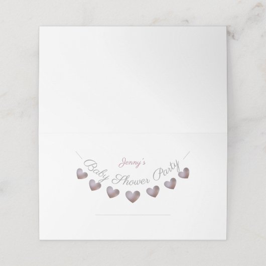 Gepersonaliseerde paarse hart baby shower placecar plaatskaartje (Buitenkant ongevouwen)