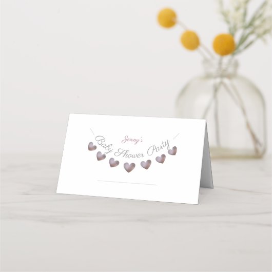 Gepersonaliseerde paarse hart baby shower placecar plaatskaartje (Voorkant)