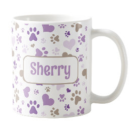Gepersonaliseerde Paarse harten Paw Prints Mok