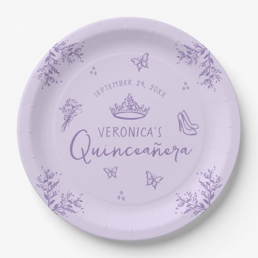 Gepersonaliseerde Paarse Lavendel Quinceanera Papieren Bordje (Voorkant)