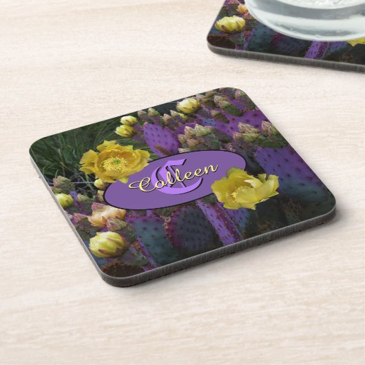 Gepersonaliseerde Paarse monogram Cactus Yellow Fl Bier Onderzetter (Linkerzijde)