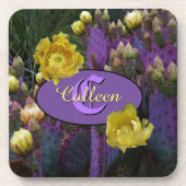 Gepersonaliseerde Paarse monogram Cactus Yellow Fl Bier Onderzetter (Voorkant)