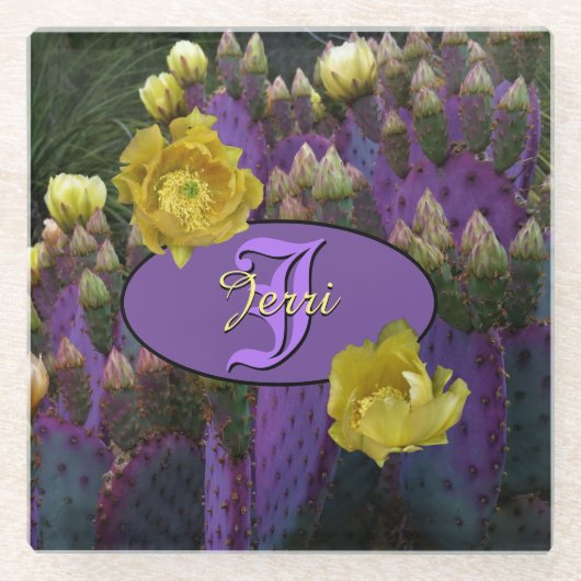 Gepersonaliseerde Paarse monogram Cactus Yellow Fl Glazen Onderzetter (Voorkant)