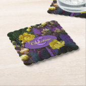 Gepersonaliseerde Paarse monogram Cactus Yellow Fl Kartonnen Onderzetters (Gebogen)