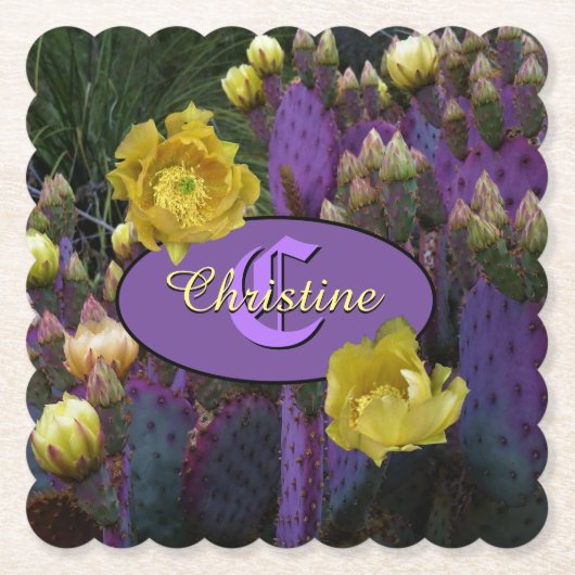 Gepersonaliseerde Paarse monogram Cactus Yellow Fl Kartonnen Onderzetters (Voorkant)