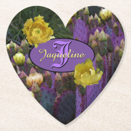 Gepersonaliseerde Paarse monogram Cactus Yellow Fl Kartonnen Onderzetters