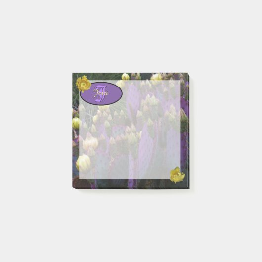 Gepersonaliseerde Paarse monogram Cactus Yellow Fl Post-it® Notes (Voorkant)