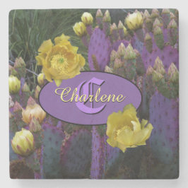 Gepersonaliseerde Paarse monogram Cactus Yellow Fl Stenen Onderzetter