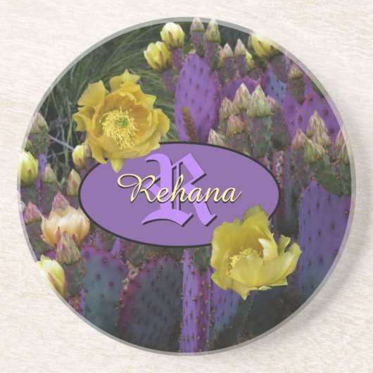 Gepersonaliseerde Paarse monogram Cactus Yellow Fl Zandsteen Onderzetter (Voorkant)