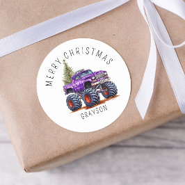 Gepersonaliseerde Paarse Monster Truck Kerstcadeau Ronde Sticker