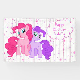 Gepersonaliseerde Paarse & roze Pony Happy Birthda Spandoek