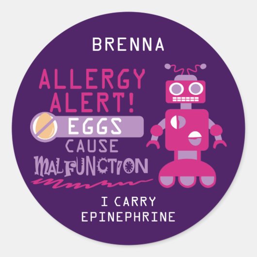 Gepersonaliseerde Paarse Roze Robot Ei Allergie Al Ronde Sticker (Voorkant)