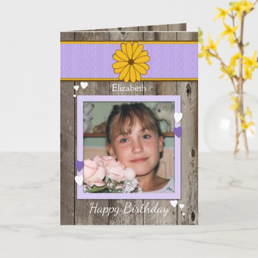 Gepersonaliseerde paarse rustieke verjaardagsfoto  kaart (Gele Bloem)