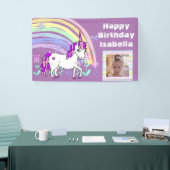 Gepersonaliseerde Paarse Unicorn Rainbow Birthday Spandoek (Beurs)
