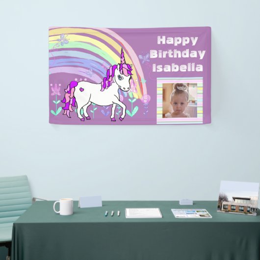 Gepersonaliseerde Paarse Unicorn Rainbow Birthday Spandoek (Beurs)