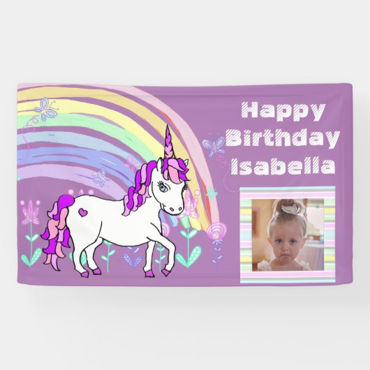 Gepersonaliseerde Paarse Unicorn Rainbow Birthday Spandoek (Horizontaal)