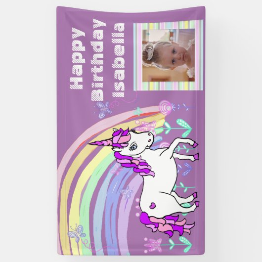 Gepersonaliseerde Paarse Unicorn Rainbow Birthday Spandoek (Verticaal)