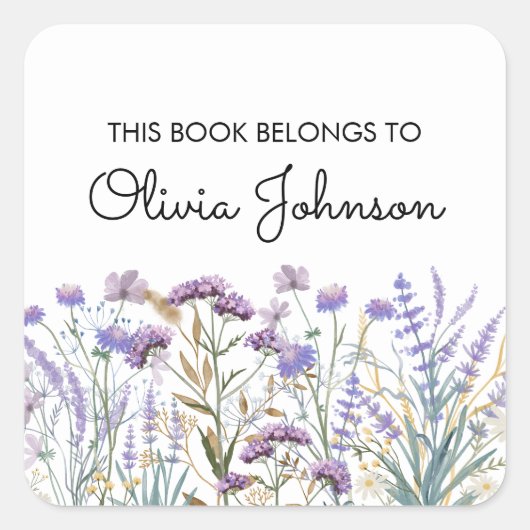 Gepersonaliseerde Paarse Wildflower Bloemplaat Vierkante Sticker (Voorkant)