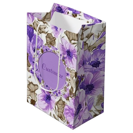Gepersonaliseerde Paarse & witte bloemencadeau Medium Cadeauzakje (Voorkant Gekanteld)