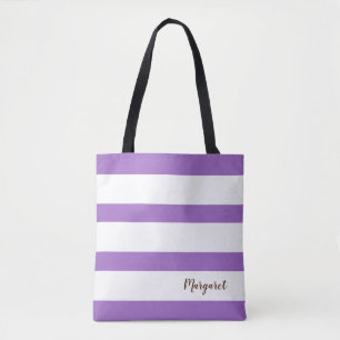 Gepersonaliseerde Paarse & Witte Gestreepte Canvas Tote Bag