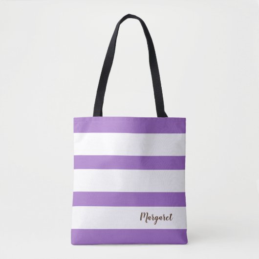 Gepersonaliseerde Paarse & Witte Gestreepte Canvas Tote Bag (Voorkant)