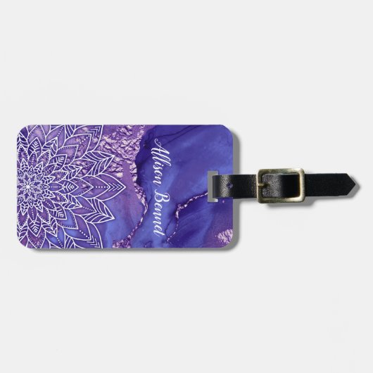 Gepersonaliseerde Paarse witte Waterverf Mandala Bagagelabel (Voorkant horizontaal)