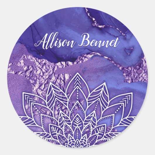 Gepersonaliseerde Paarse witte Waterverf Mandala Ronde Sticker (Voorkant)