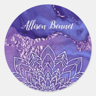 Gepersonaliseerde Paarse witte Waterverf Mandala Ronde Sticker