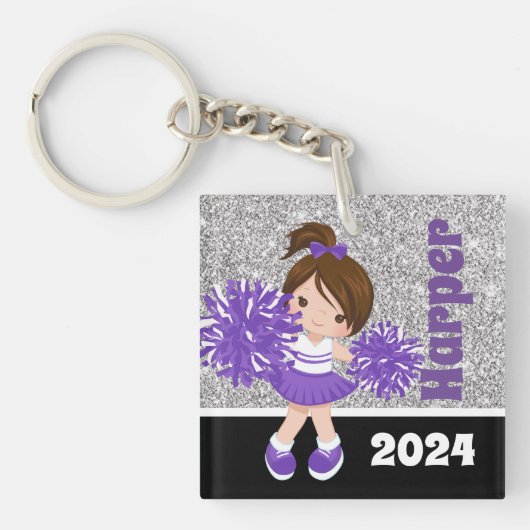 Gepersonaliseerde Paarse & Zilveren Cheerleading S Sleutelhanger (Voorkant)