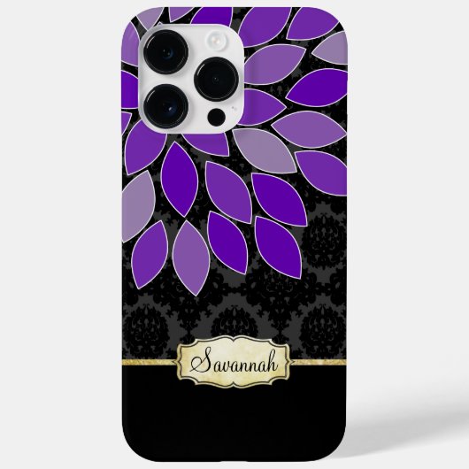 Gepersonaliseerde Paarse zwart en gouden bloemdama Case-Mate iPhone Case (Achterkant)