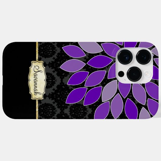 Gepersonaliseerde Paarse zwart en gouden bloemdama Case-Mate iPhone Case (Achterkant (horizontaal))
