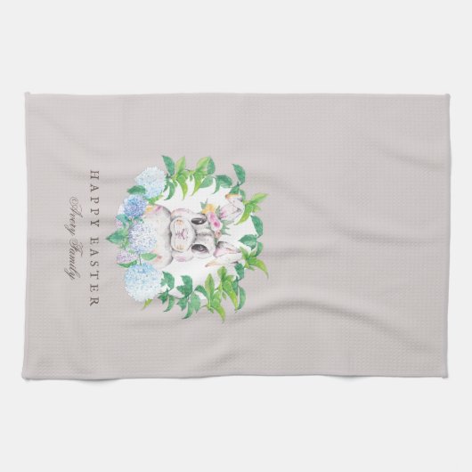 Gepersonaliseerde Paashaas Bloemenkrans Theedoek (Horizontaal)